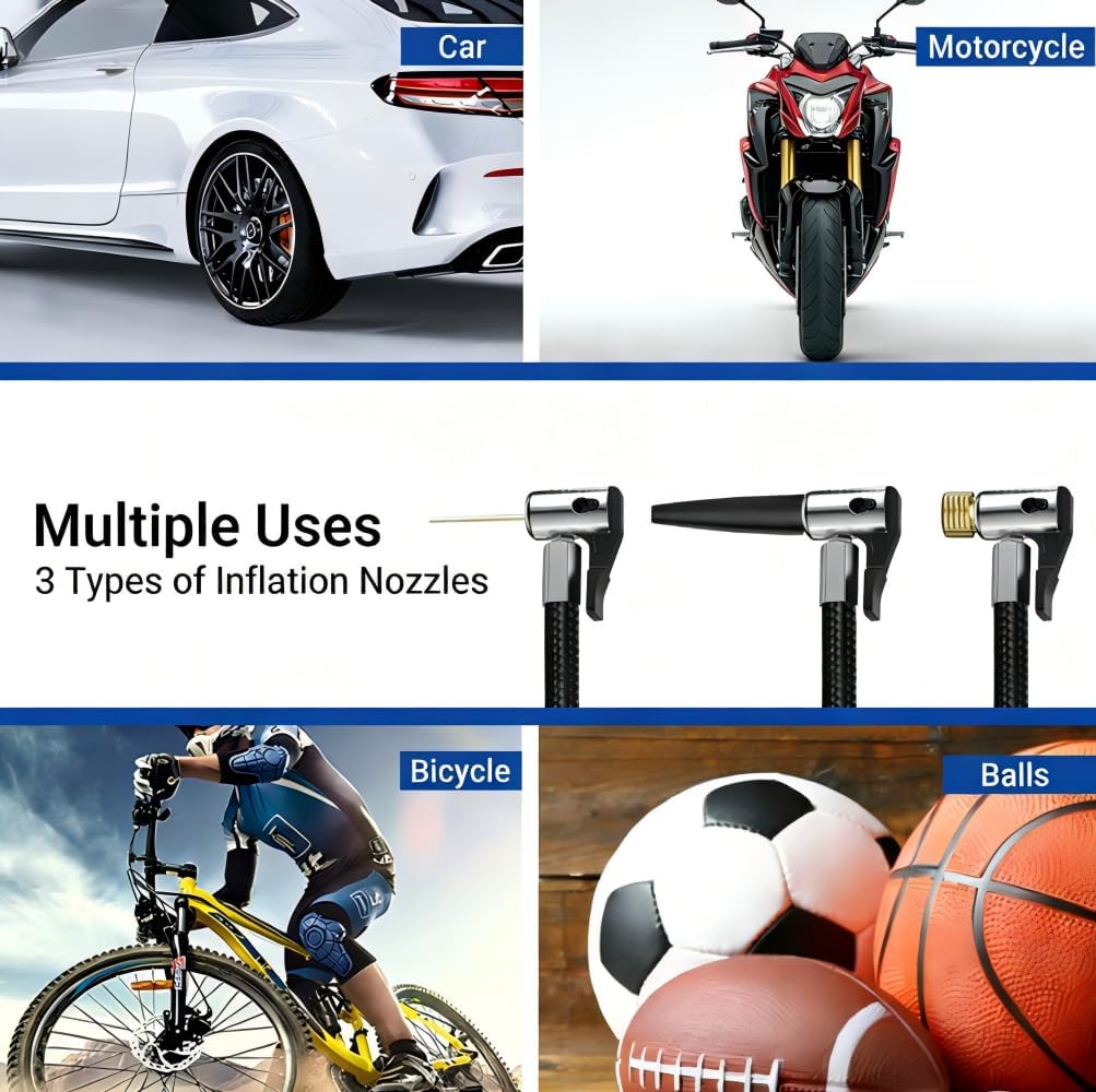 Examples of items that can be inflated: car, motorcycle, bicycle, and various balls, along with the three types of inflation nozzles.