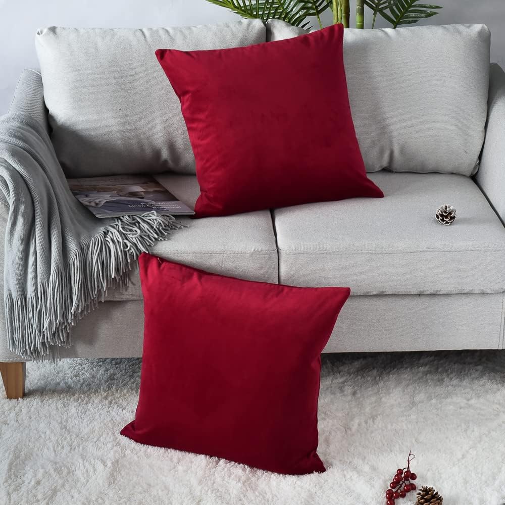Set of 2 Comfortable Throw Pillow Covers for Bedding, Decorative Accent Cushion Sham Cases for Couch Sofa, Soft Solid Velvet with Zipper Hidden - 20"x20", Deep Red