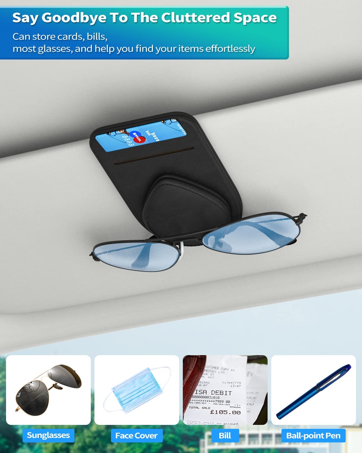 MoKo 2 Pack Magnetic Leather Sunglasses Hanger Clip, Car Sunglasses Holder Visor Accessories with 2 Card Holder for Storing Glasses Card Mask, Black