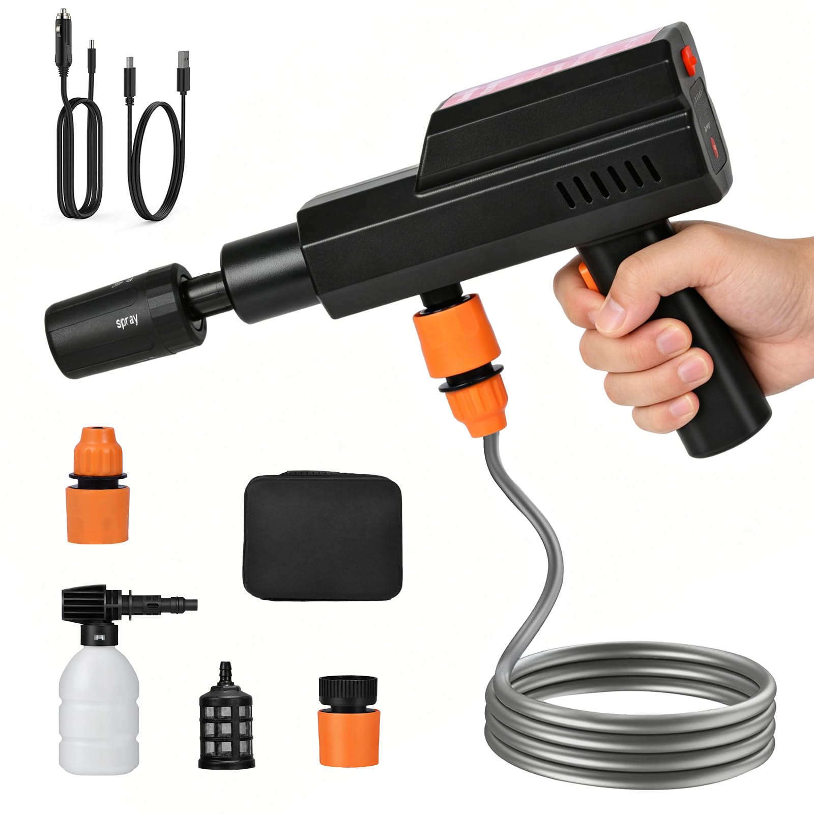 Hidrolimpiadora Inalámbrica 12000mAh, 4 Niveles, Carga USB-C y 12V | Limpiadora a Presión Portátil, Boquilla 5 en 1, Manguera 5 m, Depósito de Espuma para Coche, Bicicleta y Jardín