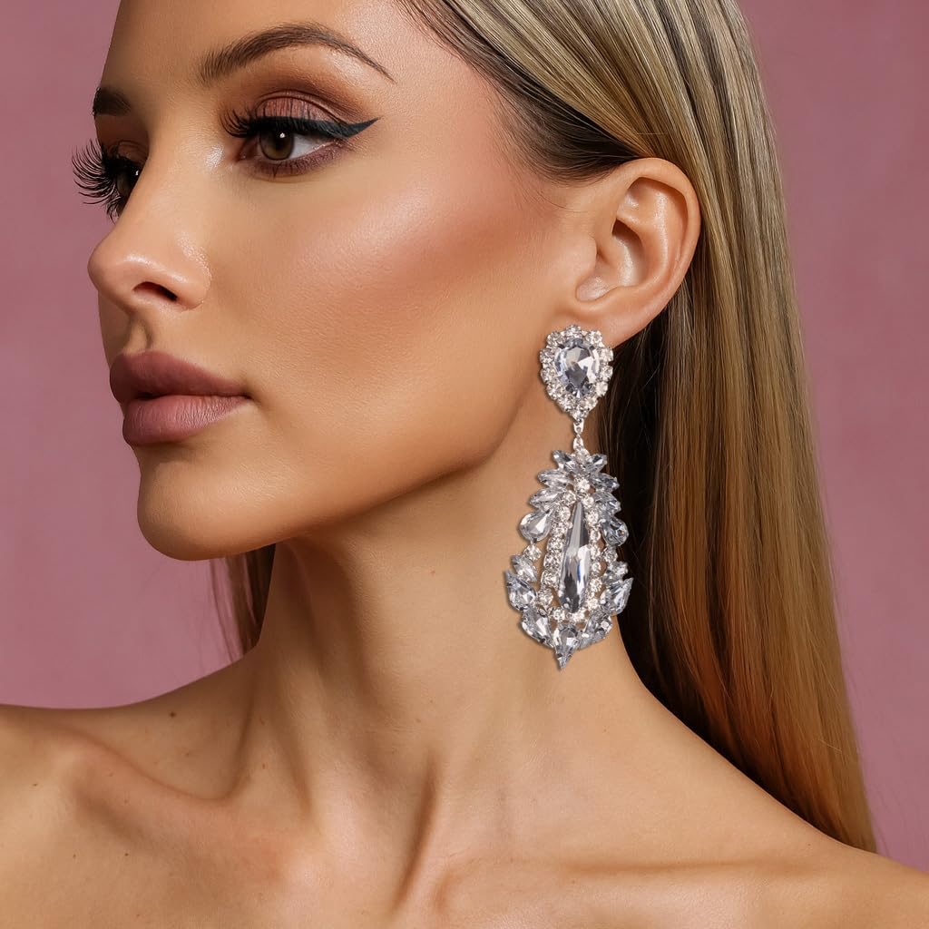 Large Rhinestone Chandelier Earrings for Women - Statement Teardrop Crystal Bridal Earrings Trendy Formal Prom Wedding Jewelry Gifts