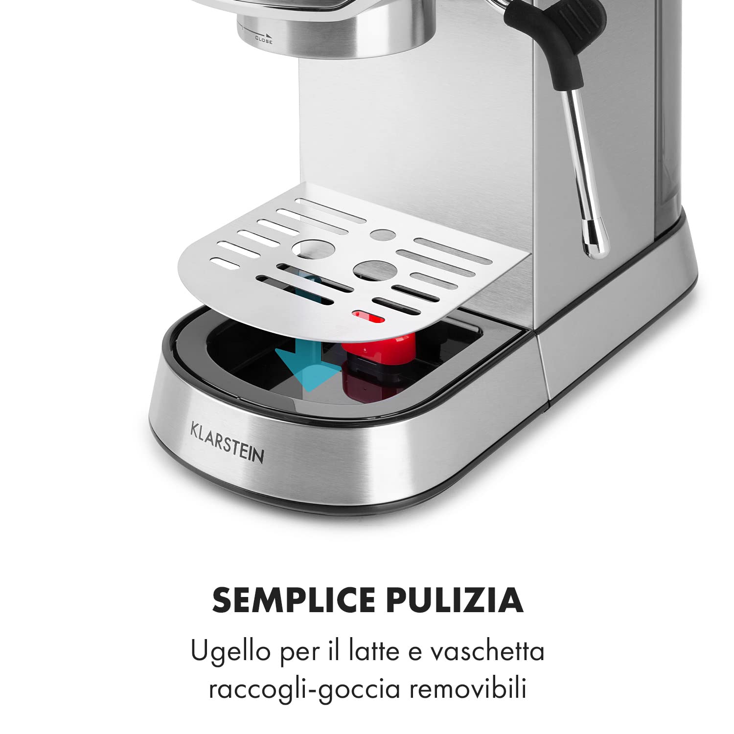 KLARSTEIN Futura - Macchina per Caffè Espresso, per Cappuccino, Macchinetta per Caffé Macinato, 1450W, 20 bar, Qualità Professionale, Sistema Thermo-Block, Doppio Erogatore, Montalatte, Argento