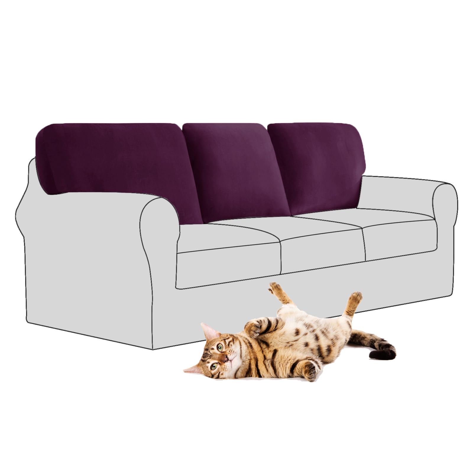 SYLC Stretch Velvet Sofa Backrest Cover, Back Cushion Covers Non-Slip Sofa Cushion Slipcovers for Couch Chesterfield Caravan RV Dinette (Purple,3 pcs Square M)