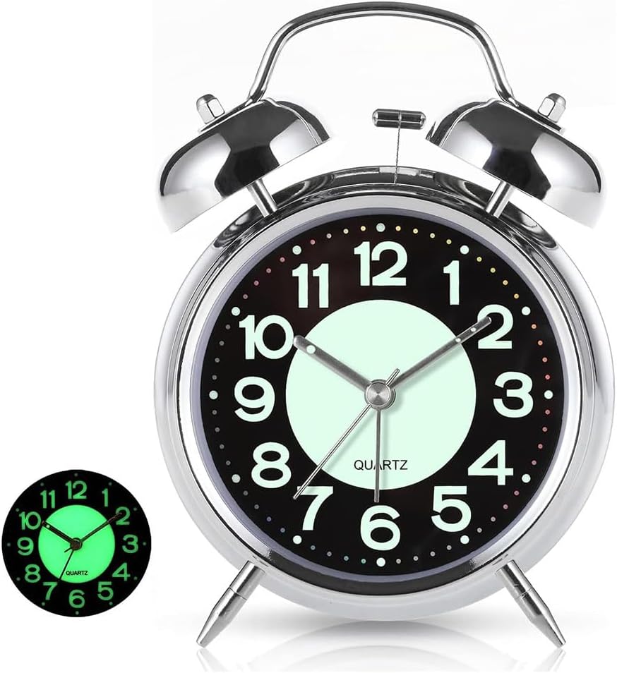 Alarm Clock, Loud Twin Bell Retro Clock Battery Operated, 4 Inch Silent Non-Ticking Quartz Clocks with Backlight, Luminous Dial, Decor Desk Clocks for Bedroom/Office/School/Home, Vintage Clock-Silver