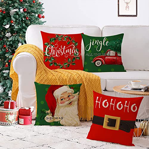 Yeeju Set Of 4 Christmas Pillow Covers 24X24 Inch Merry Christmas Pillow Cases Christmas Santa Car Throw Pillow Covers Red Green Xmas Holiday Pillow Covers Outdoor Couch Sofa Cushion Covers(24) #TOP3