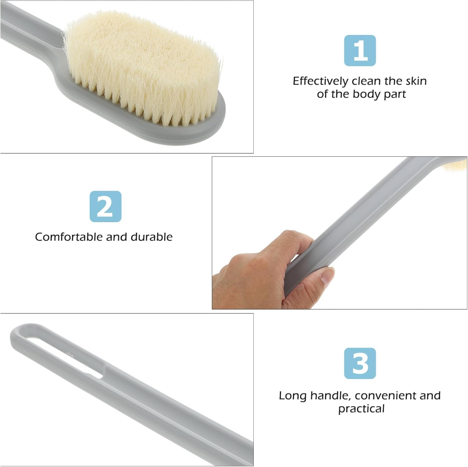 Multipurpose Bath Brush and Back Scrubber with Long Handle, Gray Nylon Soft Bristles Body Scrubbing Brush for Shower and Massage, Suitable for Women and Men