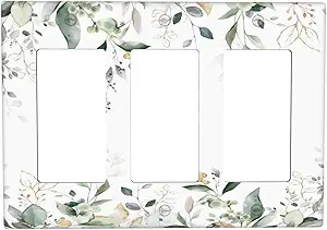 Decorative Outlet Covers Rustic Ink Green Eucalyptus Leaves Sage leaf 3 Gang Outlet Cover Wall Plate Triple Rocker Light Switch Cover Plate Switch Plate Covers for Bedroom Home Decor