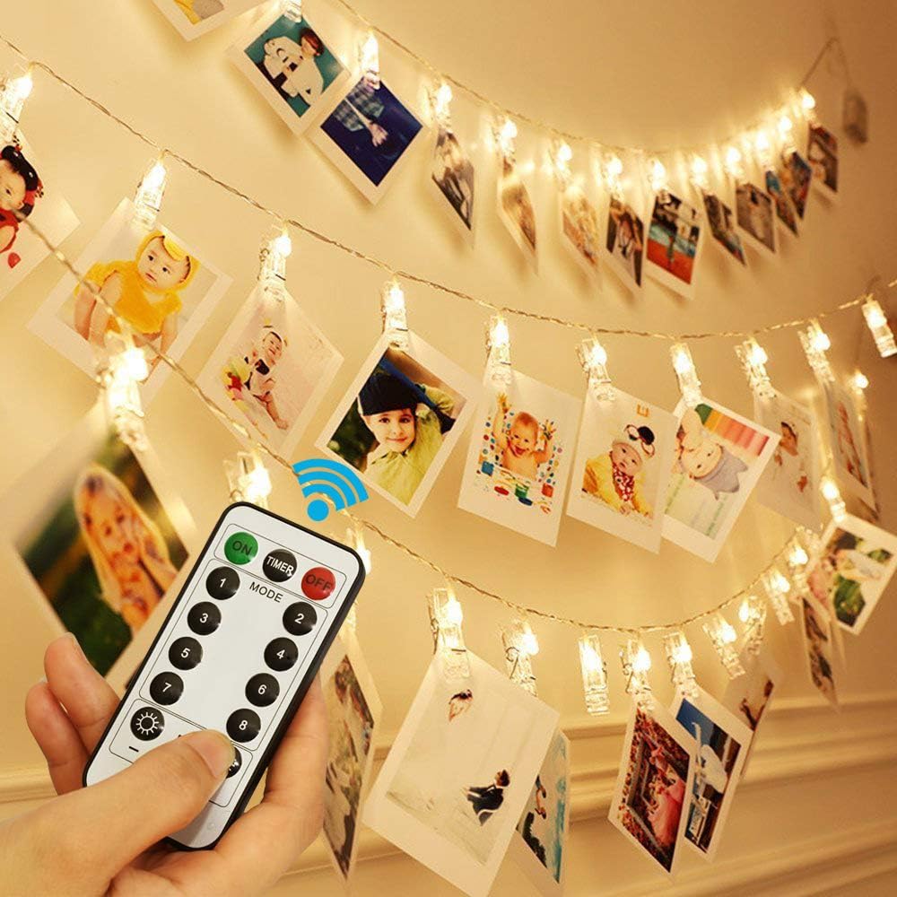 Photo Clip String Lights, 20 LED 8 Modes Fairy String Lights with Remote & Timer Function, String Lights with Clips for Hanging Pictures, Perfect for Dorm Bedroom Wedding Christmas Party, Warm White