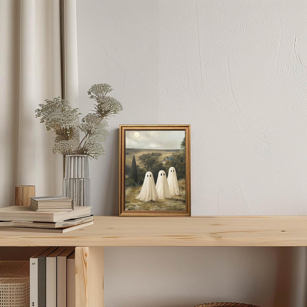 Wemandh Glod Framed Vintage Landscape Wall Art, Cute Ghost Wall Decor, Aesthetic Halloween Decor Wall Art for Bedroom (9.5''x12'') image 3