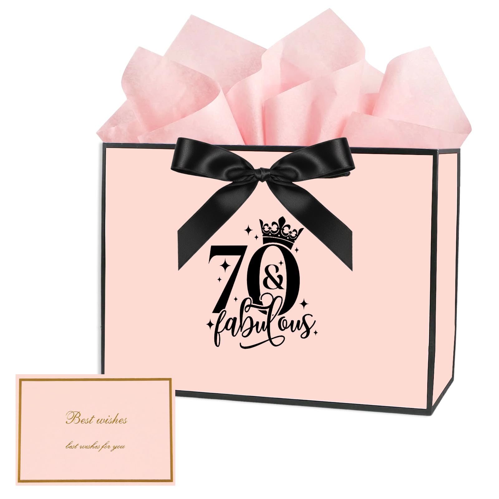 70th Birthday Gift Bag with Tissue Paper and Card, 70th Birthday Party Gifts Bag for Women and Men, Medium Gift Bags for Birthdays Party, Anniversary, Presents (Pink) — image 1