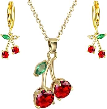 Amazon.com: VONSSY Red Cherry Pendant Necklace & Earrings Ruby