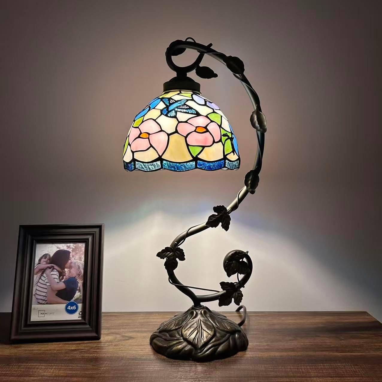 Tiffany Table Lamp Stained Glass Hummingbird Flowers LED Bulb Included for Living Room Bedroom Bedside 21" H