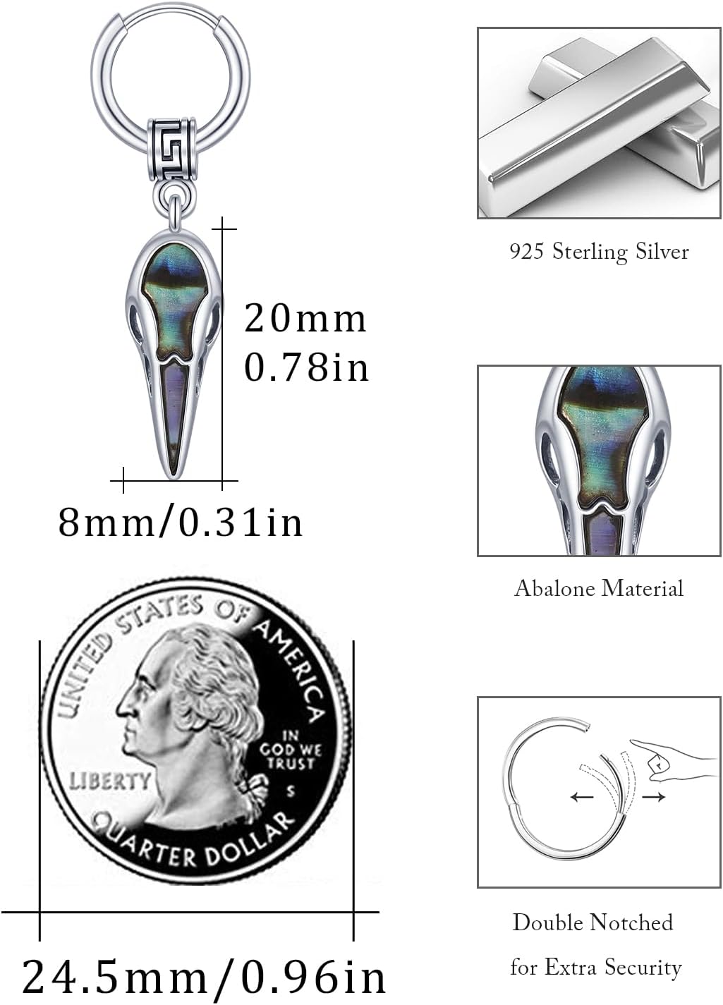 MEDWISE Viking Raven Hoop Earrings for Men 925 Sterling Silver Punk Earrings Silver/Black/Gold Huggie Men's Hanging Abalone Shell Jewelry Gift for Women Men Unisex Birthday Christmas Gifts