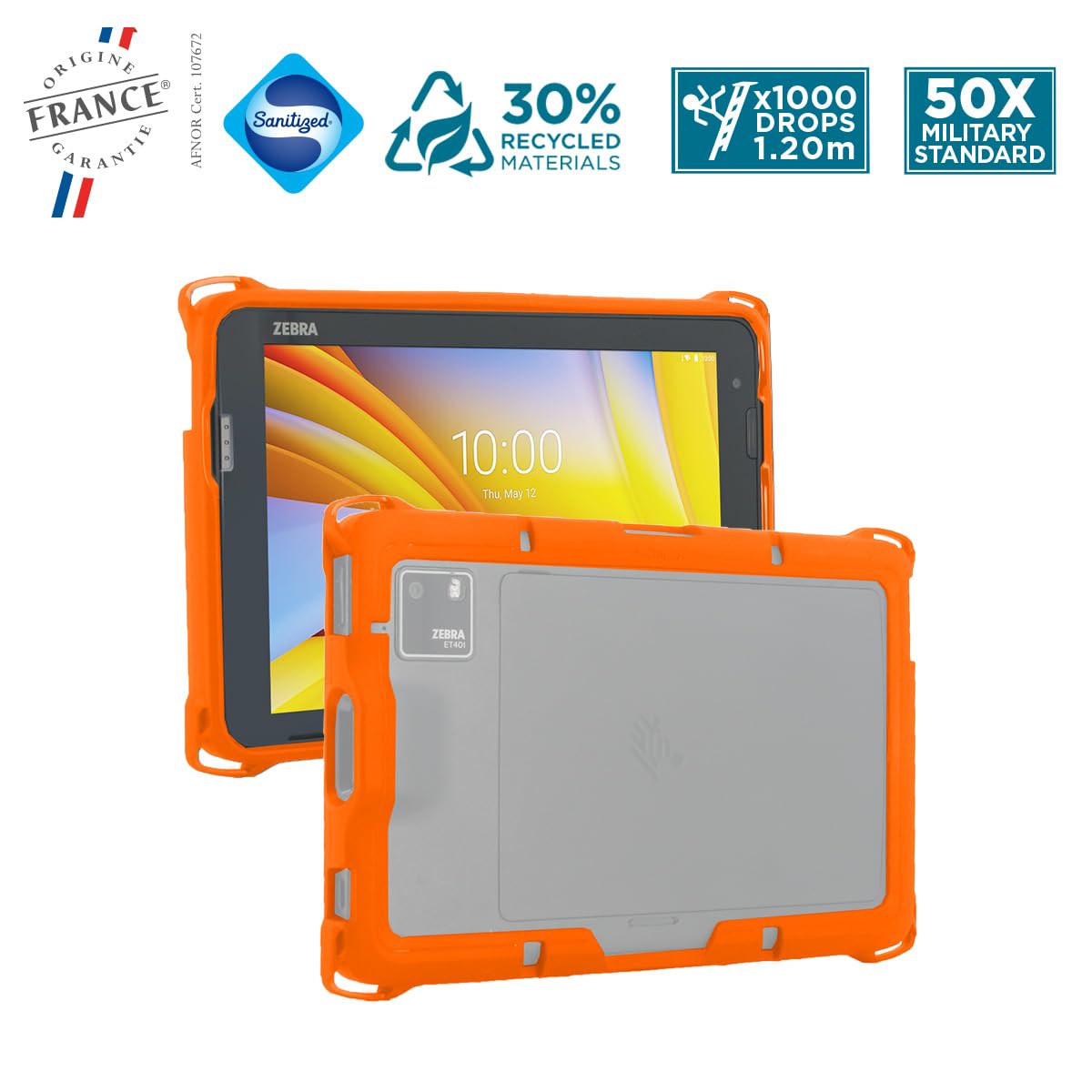 MOBILIS Coque pour Tablette Zebra ET401 10" avec Scanner, Etui Renforcé Protection Militaire, Fabriqué en France, Compatible Accessoires de Charge, Points d'Accroche, Antimicrobien, Orange Fluo