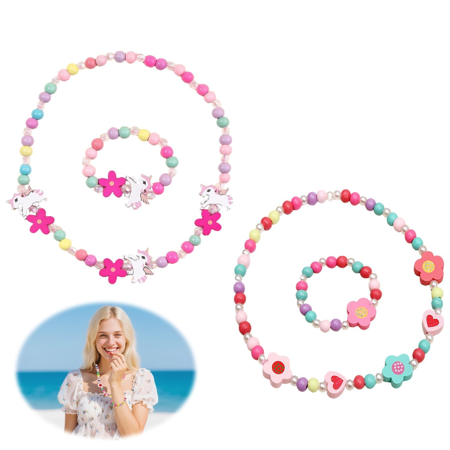 Juego de 4 joyas de madera para niños, collar de dibujos animados para niñas, pulsera de perlas de flores, collar y pulsera de unicornio, regalo para niñas, fiesta de cumpleaños, accesorios de disfraz