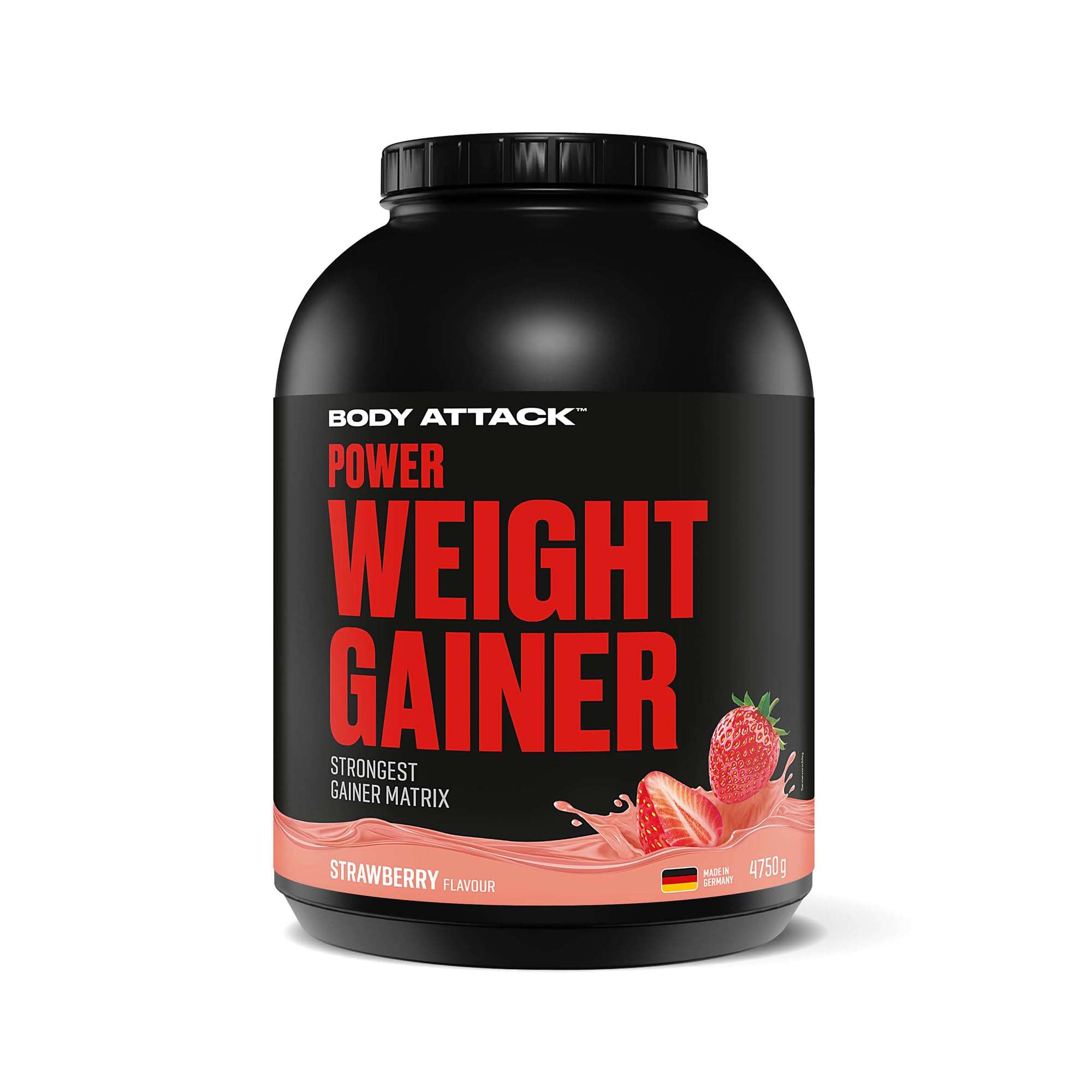 Body Attack Weight Gainer - Strawberry - 4,75 kg - Dein Mass Gainer für Masseaufbau & Muskelaufbau - Mit Whey Protein, BCAA und Kohlenhydraten - Dein fettarmer Masse Shake für hochwertige Kalorien