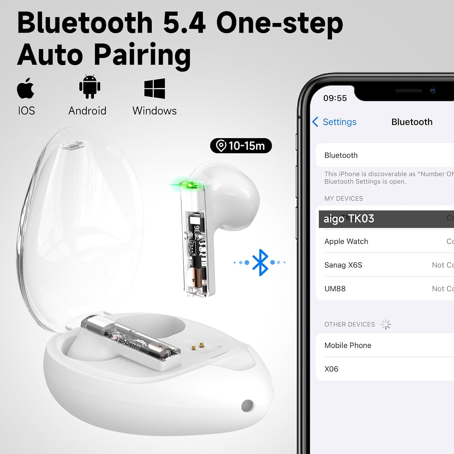 aigo True Wireless Earbuds with Transparent Case and Neck Lanyard, Bluetooth 5.4 Headphones with Touch Control, Water Resistant, 2 Mics for Clear Calls and Super Shine White image 2 of 9 B0DC69JH1P