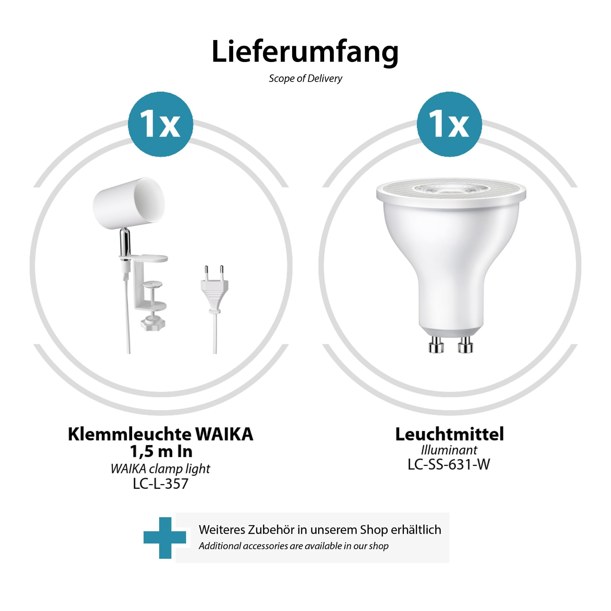 ledscom.de 2 Stück Klemmleuchte WAIKA, Schalter, weiß matt, inkl. LED GU10 Lampe, 535lm weiß