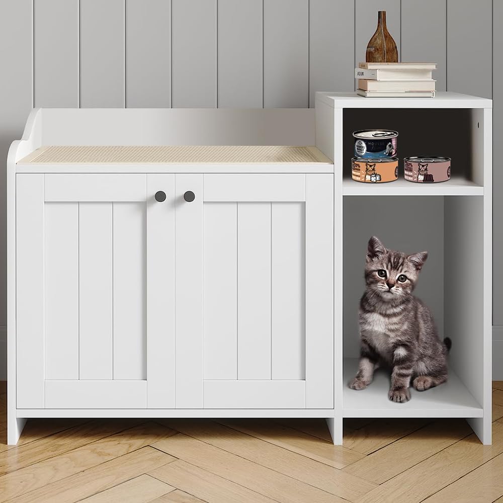 Mueble Ocultador De Arenero Gato – Aislante De Olores – Diseñado para Areneros Abiertos – Mesa Auxiliar De Madera con Estantería – para Gatos Grandes y Compatible con La Mayoría De Areneros