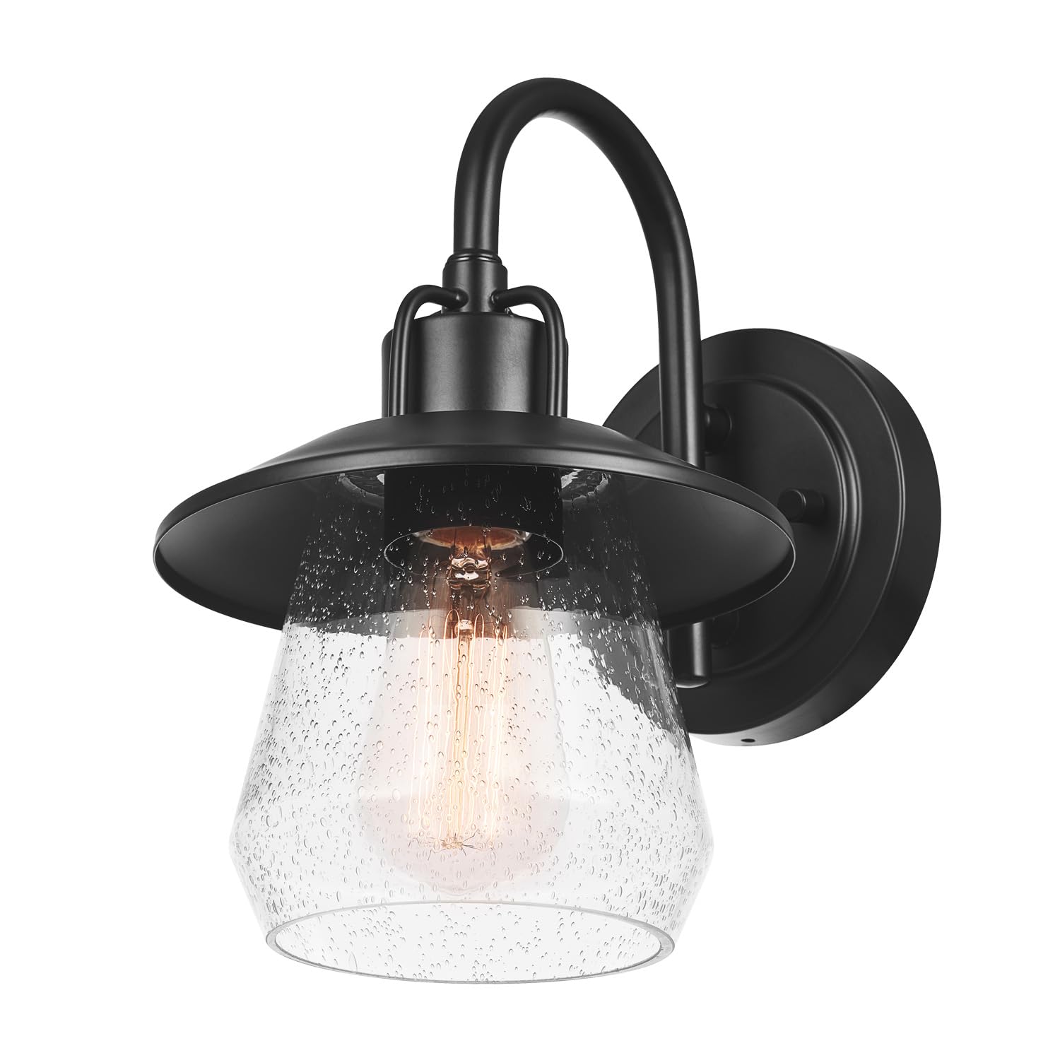 Globe Electric 60000012 1-Light Outdoor Wall Sconce, Matte Black, 7" Seeded Glass Shade, Curved Stem, Porch Light, Wall Lighting, Patio Décor