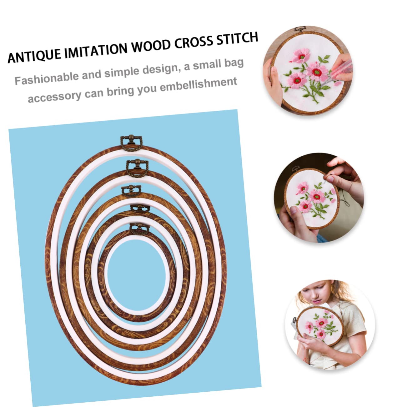 VILLFUL 5 Stück Selbstgemacht Stickrahmen Oval Abs Kunststoff Vintage Holzoptik Kreuzstichring Nähzubehör für Handarbeiten Wanddekoration