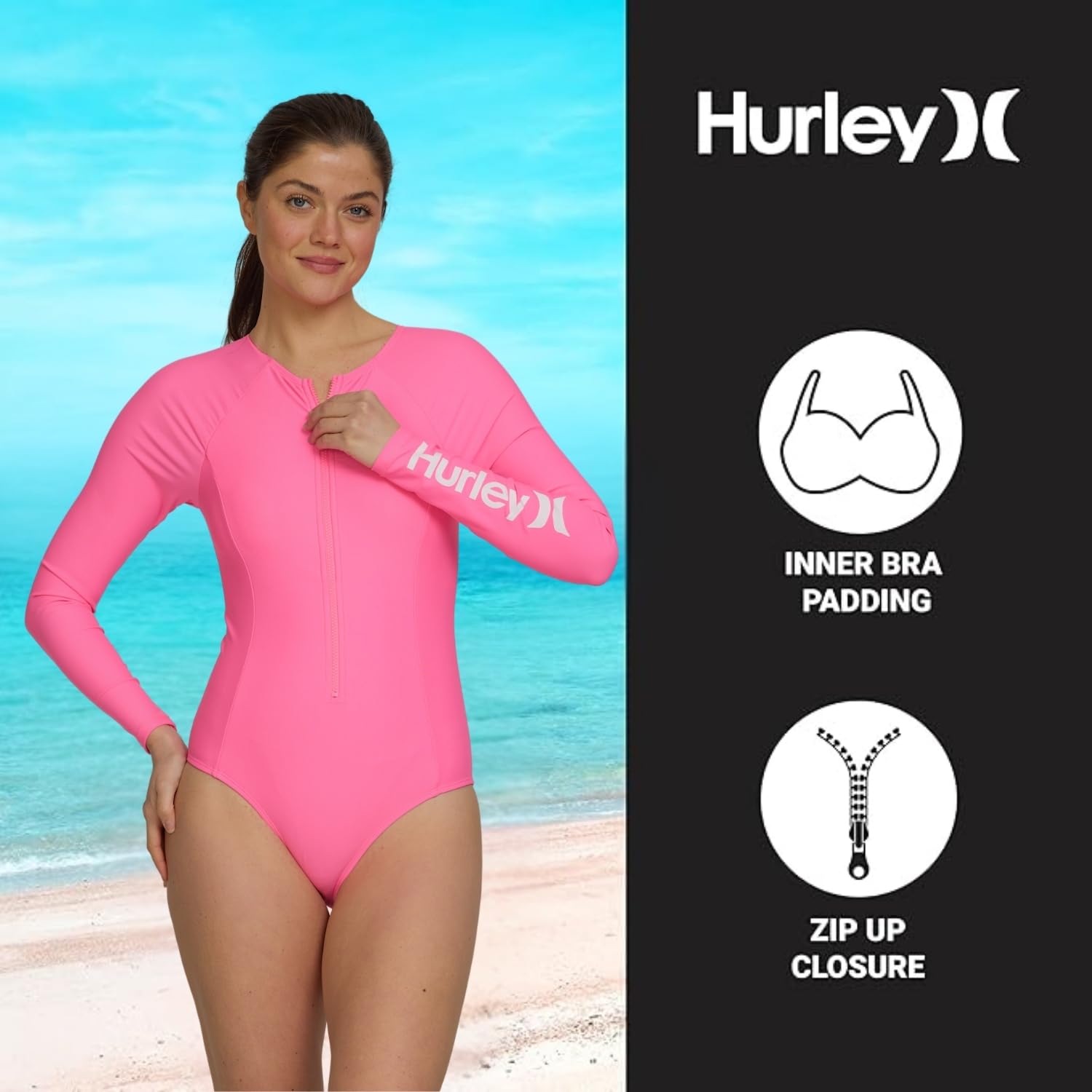 Hurley Einteiliger Damen-Badeanzug, langärmelig, Badeanzug für Damen, Badeanzug für Damen, UPF 50+ LSF mit UV-Schutz