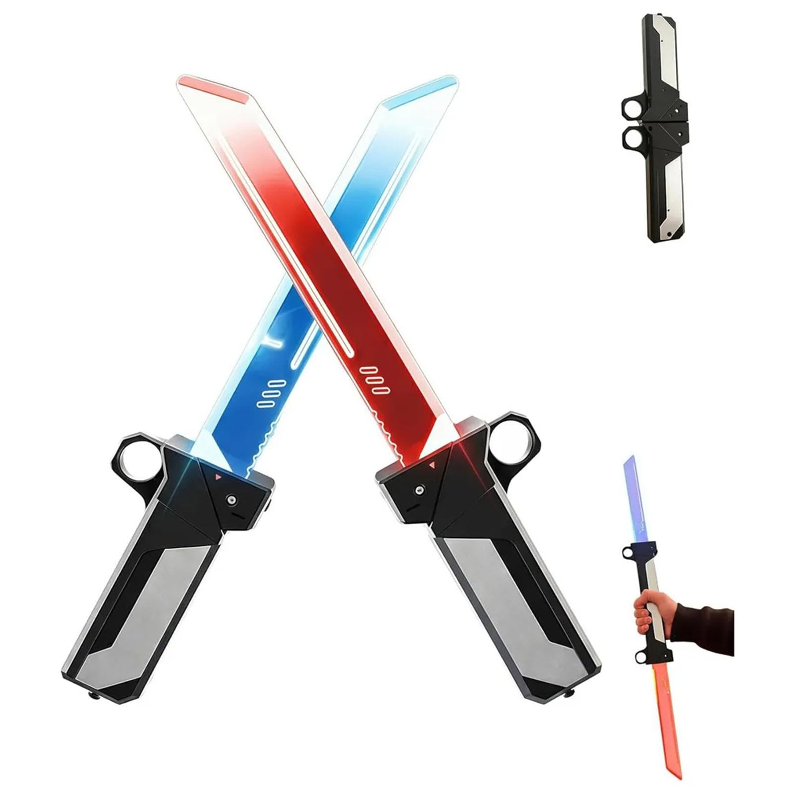 Retractable LED Light Sword Toy, 2-in-1 Reversible Fingertip Spin Hilt, Dual Colour Lightsaber, Swing to Extend & Retract Blade, Fidget Toy for Kids Adults, Cosplay Party Prop Gift