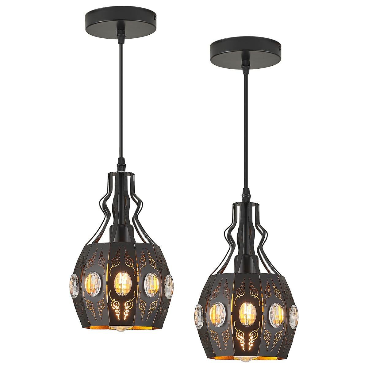 YLONG-ZS Black Lantern Pendant Lights Bedroom Restaurant 2 PK, Farmhouse Kitchen Island Pendant Ceiling Light with 6.07 Ft Wire, Hanging Pendant