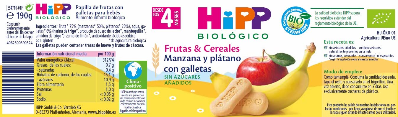 HiPP Biológico - Tarrito de Manzana y Plátano con Galletas BIO - Papilla de Frutas & Cereales - Pack 6x190g - Sin Azúcares Añadidos - Apto a Partir de 4 Meses