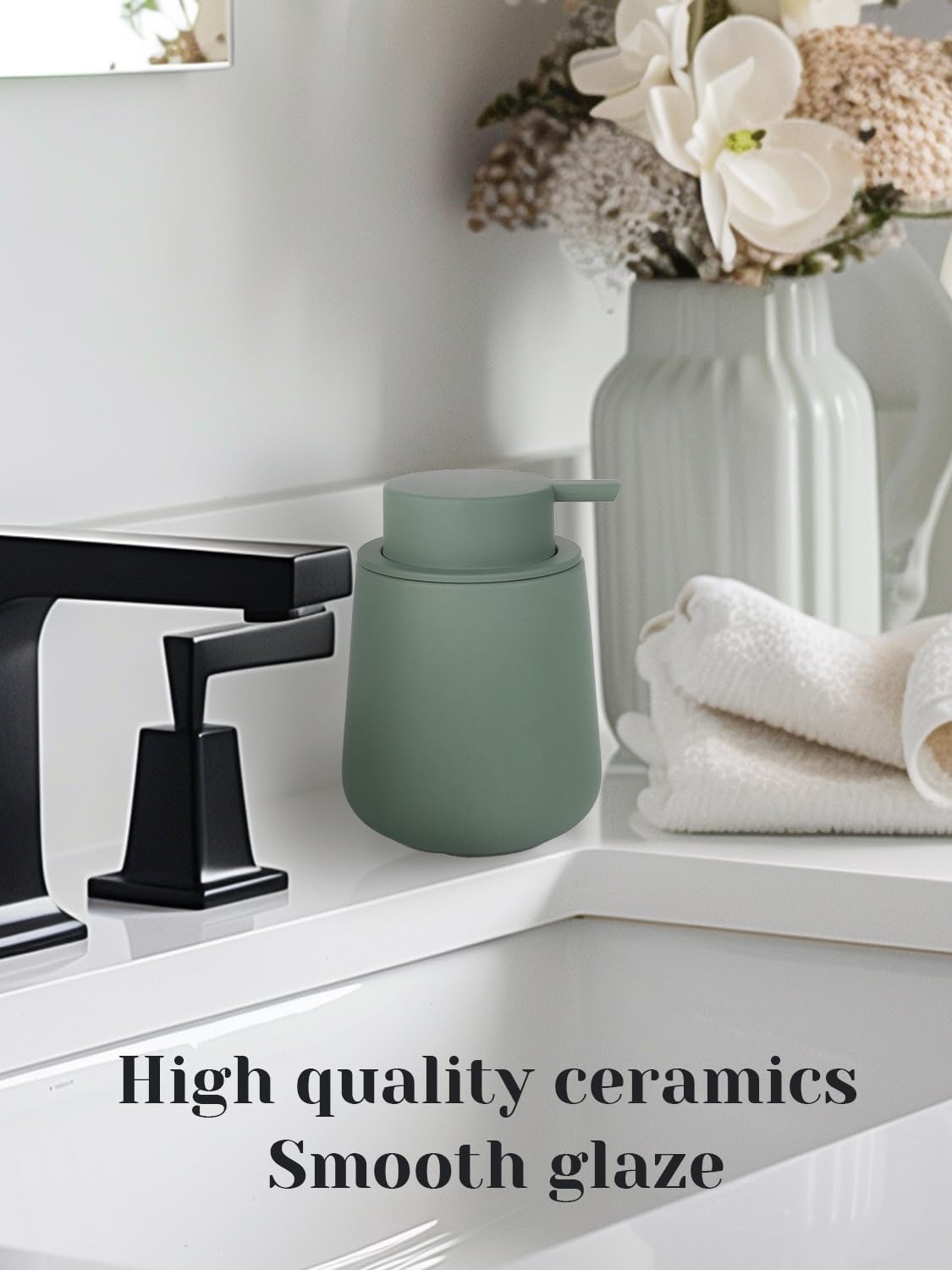 Dispenser di sapone liquido in ceramica per cucina – Dispenser di sapone liquido ricaricabile da 350 ml per bagno, moderno dispenser di sapone liquido con pompa, verde opaco
