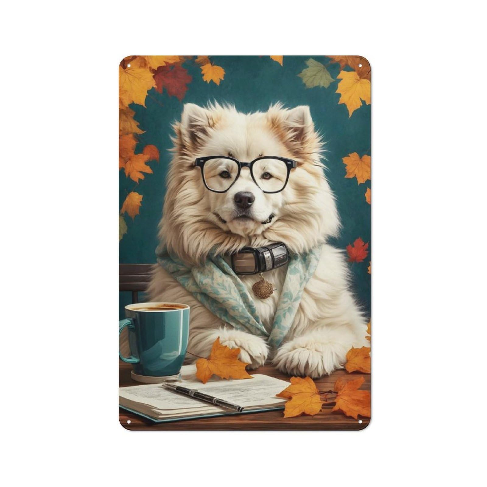 Junmoney Cute Samoyed Study Tin Wall Plaque 30X20cm With For Home Office Or Studio, Gift Idea At Christmas For Creative Workspace Decorators