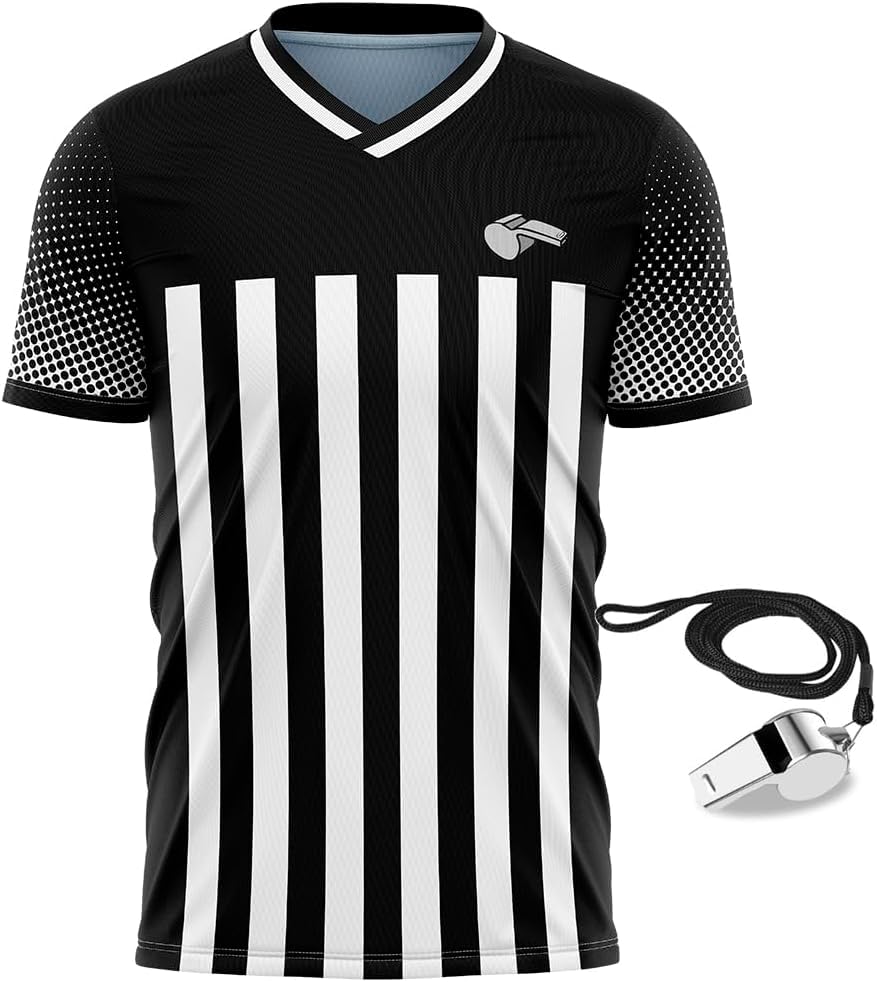 CUEJDSA Referee Shirt Jersey Uniform,V Neck Ref Costume Shirt for Men,Referee Jersey for Soccer(Black & White, Size L)