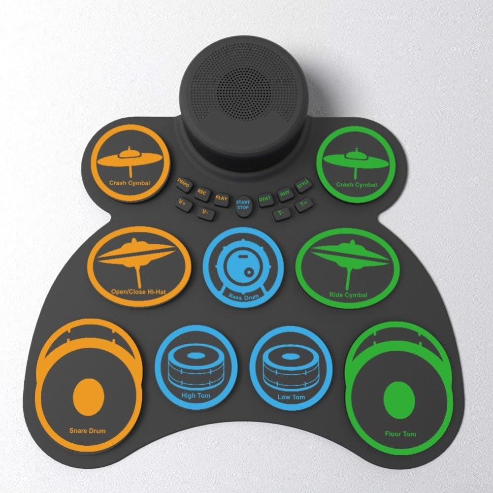 Zoegneer Set di batteria elettronica portatile con 9 cuscinetti arrotolabili, con uscita altoparlanti integrati e jack per cuffie, kit di pratica in silicone, per viaggi, casa, studio, nero