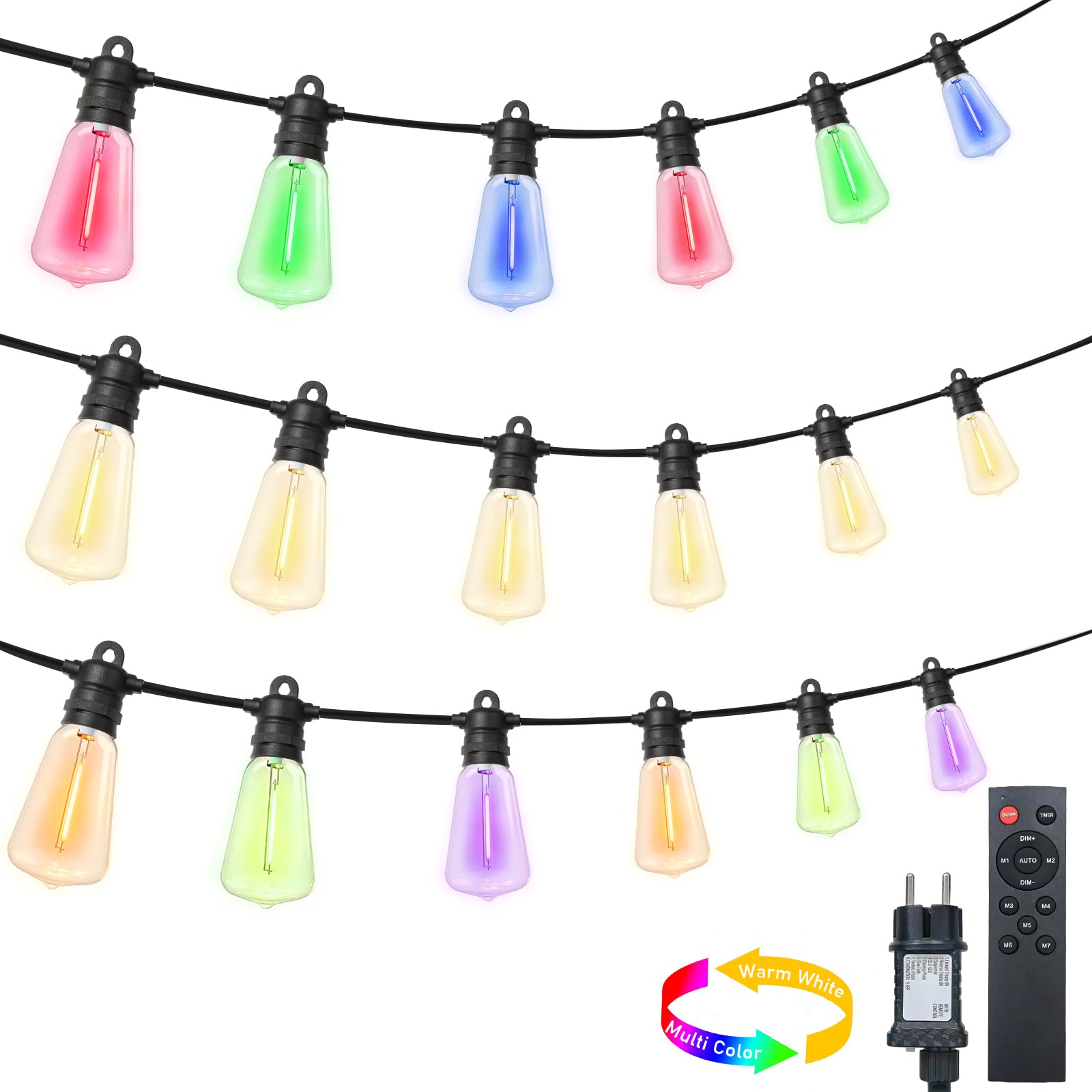 Guirlande lumineuse LED d'extérieur - 15 m - 24 ampoules blanc chaud et multicolore - ST38 - 8 modes - 4 intensité variable - Minuterie - IP68 - Pour balcon, jardin, terrasse, fête, bistro