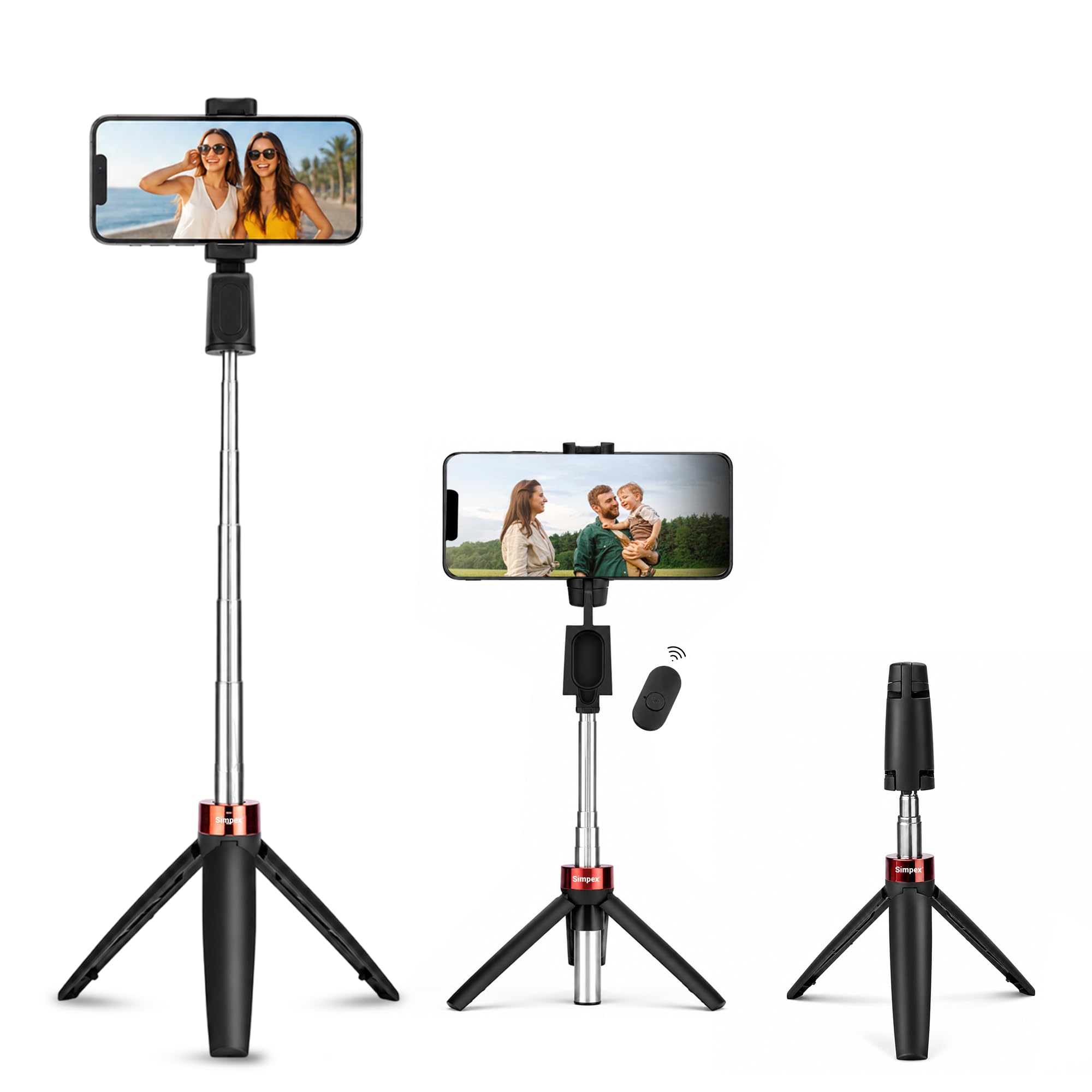 Simpex MA 3333 Portable Selfie Stick with Wireless Remote, 3-Leg Tripod Base, 1 Kg Max Weight Load, 360° Rotation, Compatible with All Smartphones Photography, Videography-image-5