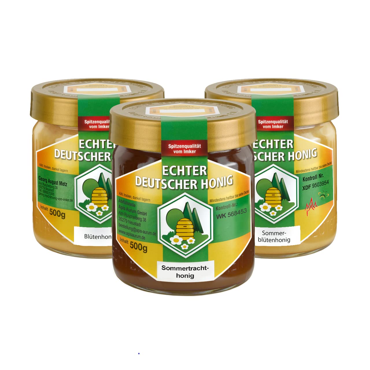 Zestaw 3 szt. prawdziwego niemieckiego miodu | 500 g miodu kwiatowego + 500 g miodu letniego kwiatu + 500 g ciemnego stroju letniego
