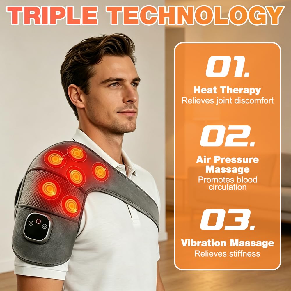 Masseur Epaule, Hewelth Masseur D'épaule Triple Method avec Chaleur et Vibrations, Portable Triple Method Shoulder Massager, Shoulder Massager pour Les Travailleurs et Les Seniors