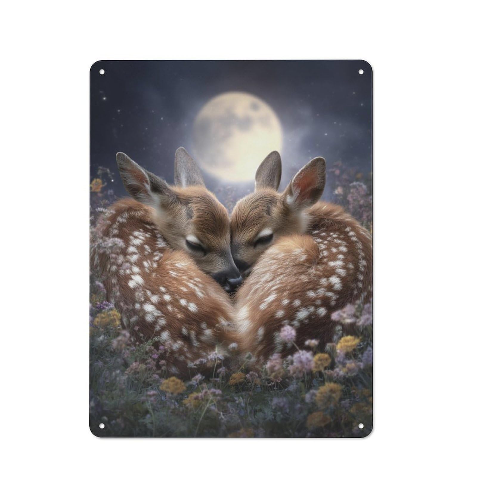Junmoney Moonlit Fawns Embrace Printed Metal Sign 40X30cm For Hallway Wall, For Living Room And Hallway Decor, For Home Office And Studio Walls