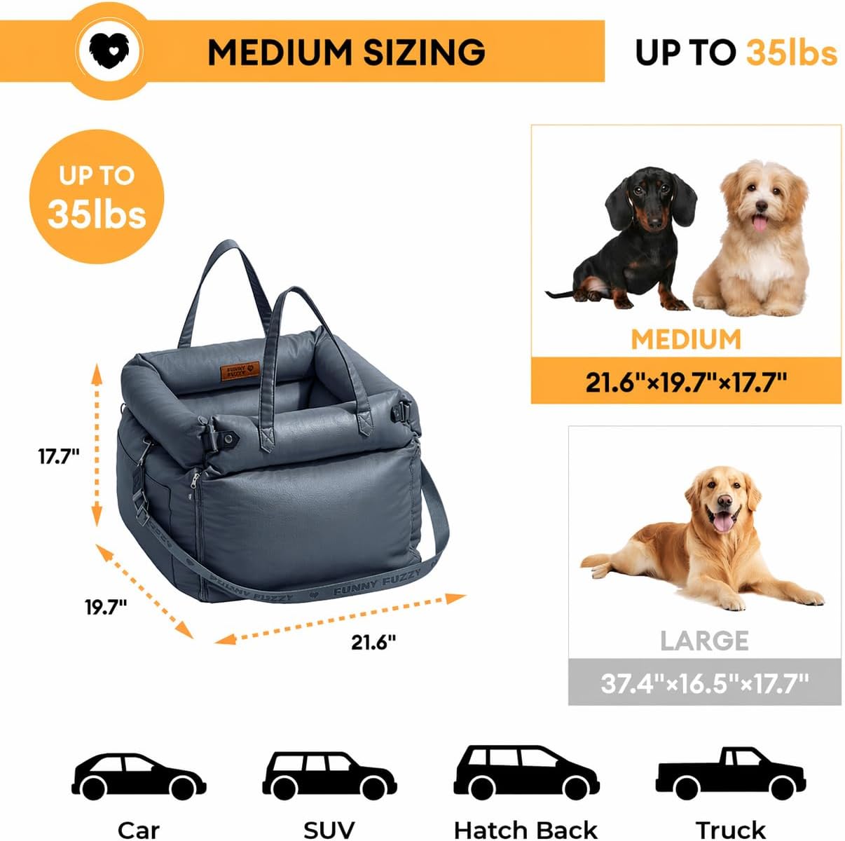 FUNNYFUZZY Luxury Dog Car Seat for Small Medium Dogs Under 35 lbs, Waterproof Leather Pet Booster Seat with Safety Leash & Anti-Slip Base, Fully Padded Dog Car Bed, Portable Puppy Carrier(Navy Blue)