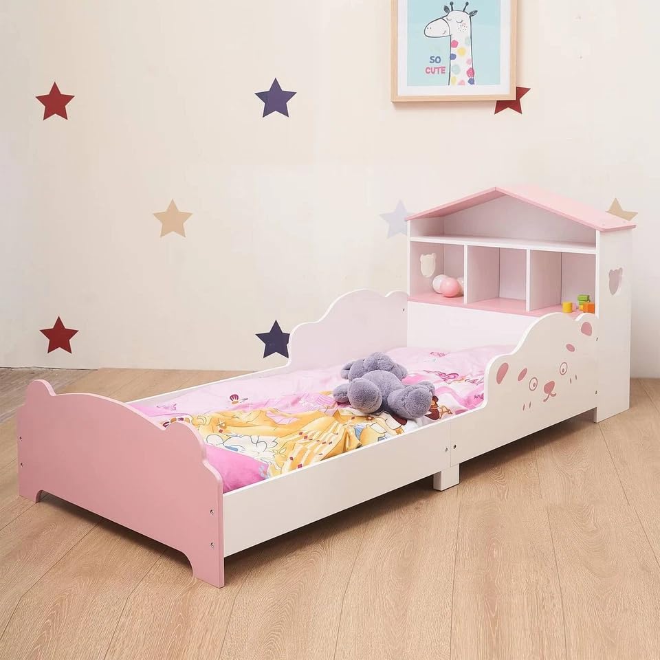 URBNLIVING Wooden Toddler Bed with Integrated Bookshelf Storage – Junior Kids Bed Frame with Built-in Bookcase for Bedroom Organisation (PINK) — view 7