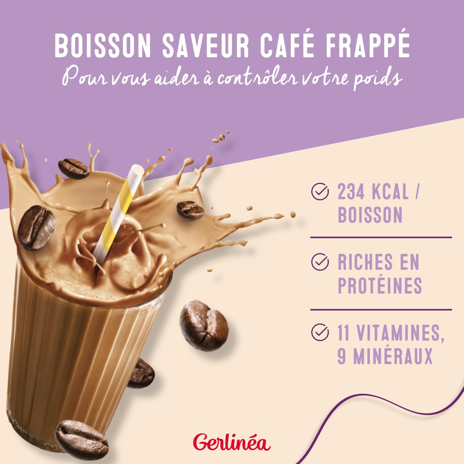 GERLINÉA – Boisson Minceur Café – Repas à Boire Équilibré et Complet – Riche en Protéines – Sans Huile de Palme – Contrôle du Poids – Lot de 8 bouteilles x 236 ml