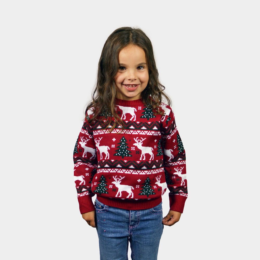 Jersey Navideño Rojo Árboles de Navidad y Renos para Mujer, Hombre y Niños