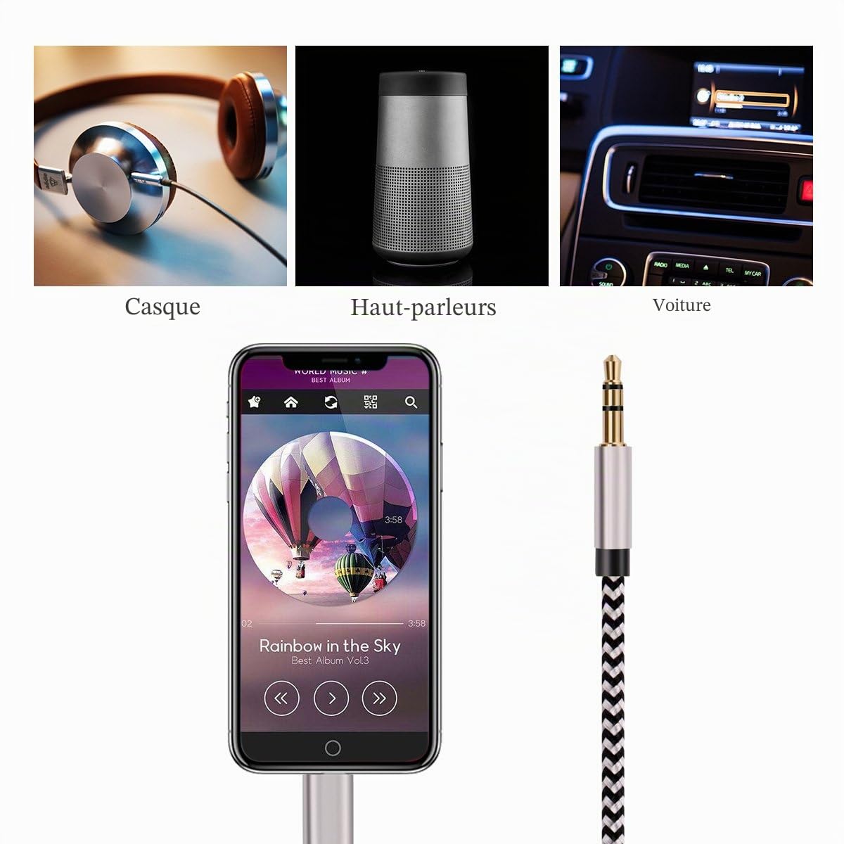 Câble auxiliaire Lightning Jack 3.5mm pour iPhone 14/13/12/X/11/8/7 Pro Max Voiture Audio