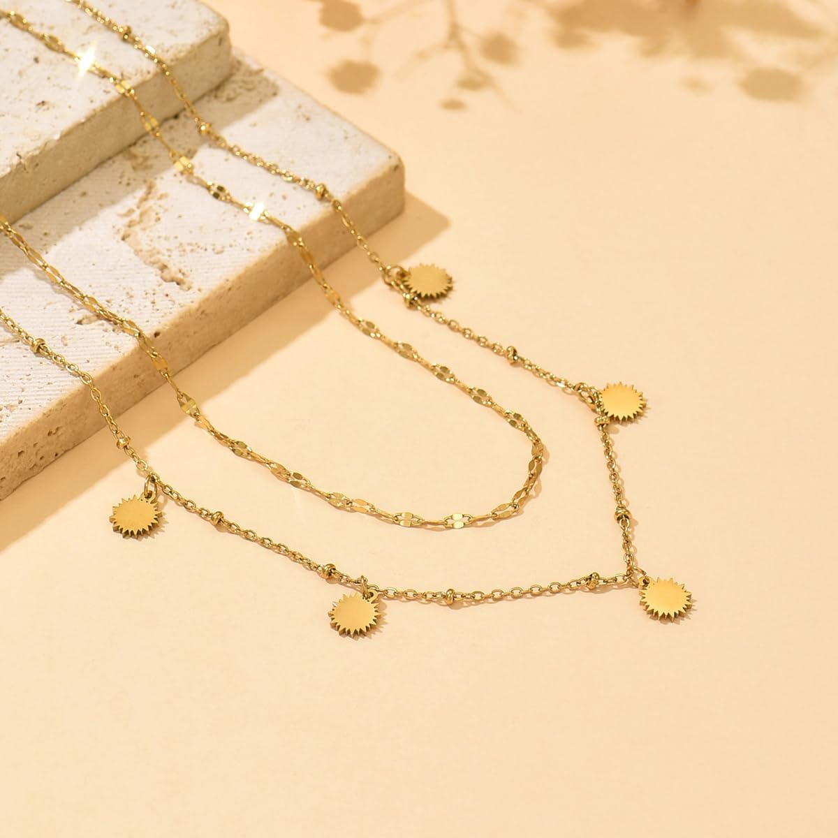 Layered Necklace for Women 18K Gold Plated,Double Layer CZ Star Sun Heart Charms,Lip Chain Minimalist Jewelry,Adjustable 14-16 Inch Everyday Boho - Image 5