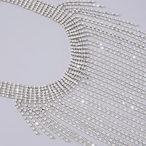 Aomcisi Fashion Women Sexy Rhinestone Bib Choker Necklace Tassel Long Chain Necklace (Silver) #TOP4