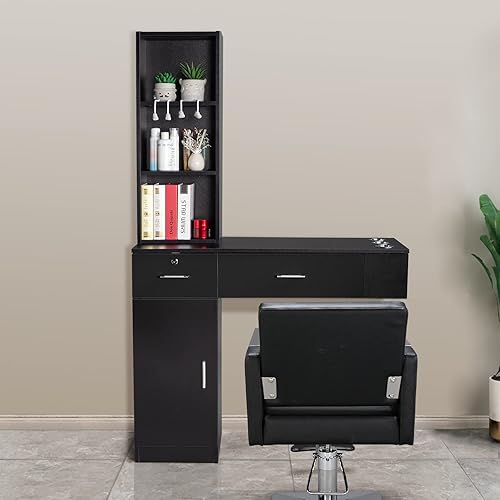 Miniatura 6 de OmySalon Estaciones de peluquería de montaje en pared, estaciones de salón para estilistas, juego de equipos de peinado con un gabinete de