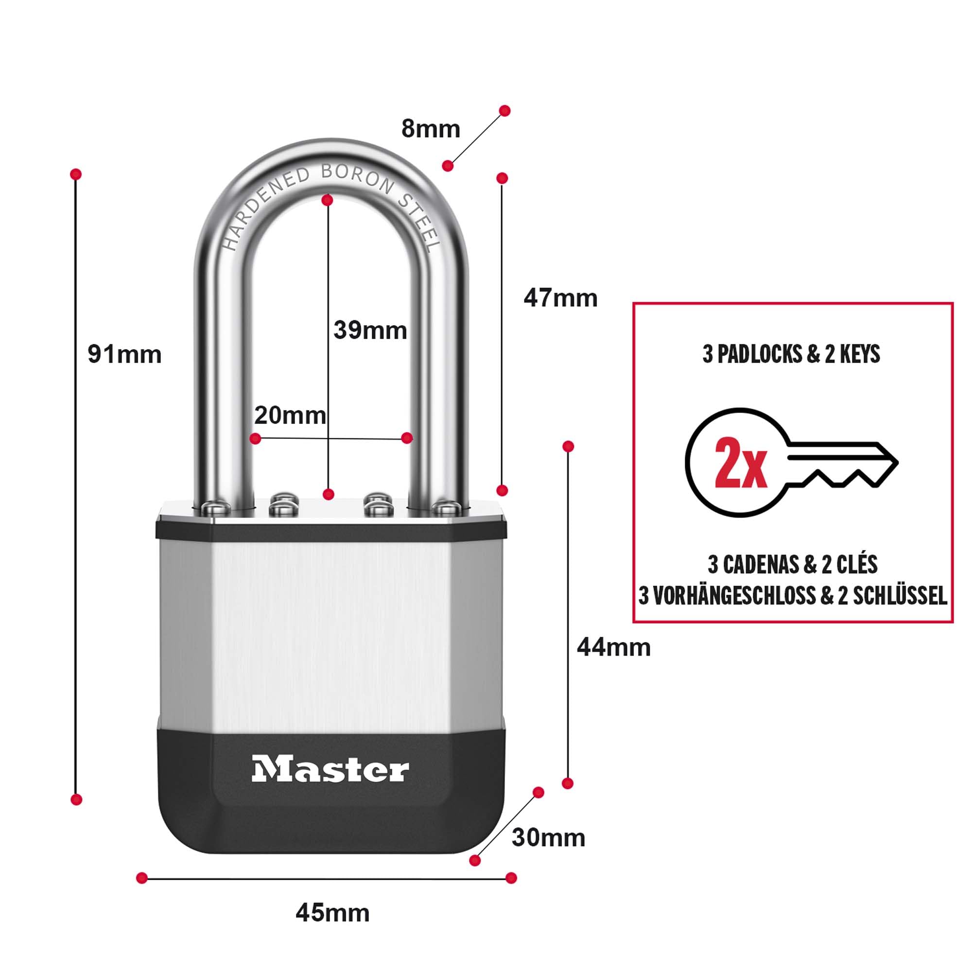 Master Lock Elite™ 45 mm kłódka, pałąk 38 mm (Opak. 3)