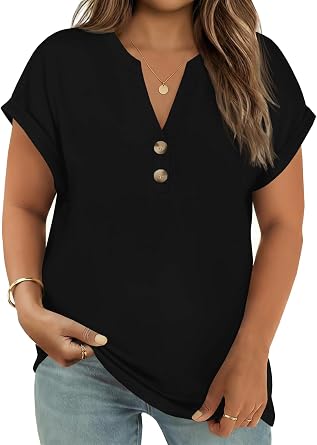 Beautife Womens Plus Size Short Sleeve Henley Tops Summer Button V Neck Blouses 2026 Dressy Casual Loose T Shirts