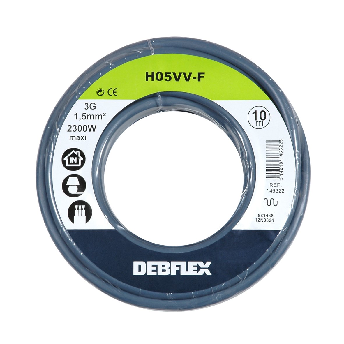 Debflex 146322 Cable Reel HO5VV-F 3G1.5 10 m Grey, Gray