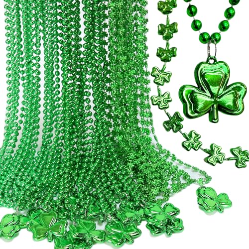 GiftExpress 72-Pack St. Patrick’s Day Green Shamrock Bead Necklaces – Metallic Party Favors, Irish Parade Accessories, Lucky Clover Decorations